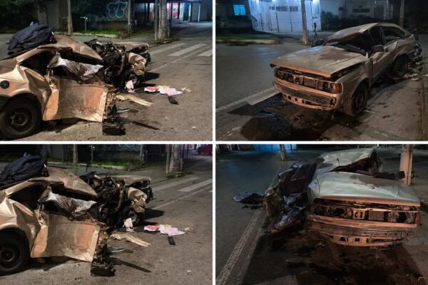 Carro destruído após colisão em acidente em Nova Friburgo. Imagem mostra a gravidade do impacto.