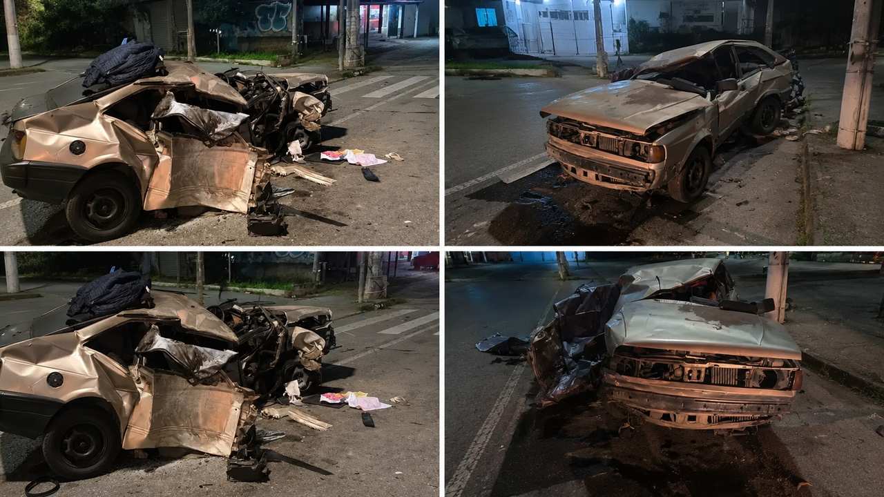 Carro destruído após colisão em acidente em Nova Friburgo. Imagem mostra a gravidade do impacto.