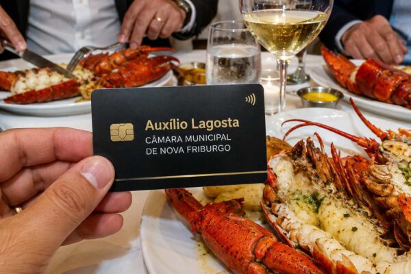 Cartão de crédito 'Auxílio Lagosta' com lagostas e refeição de luxo ao fundo.