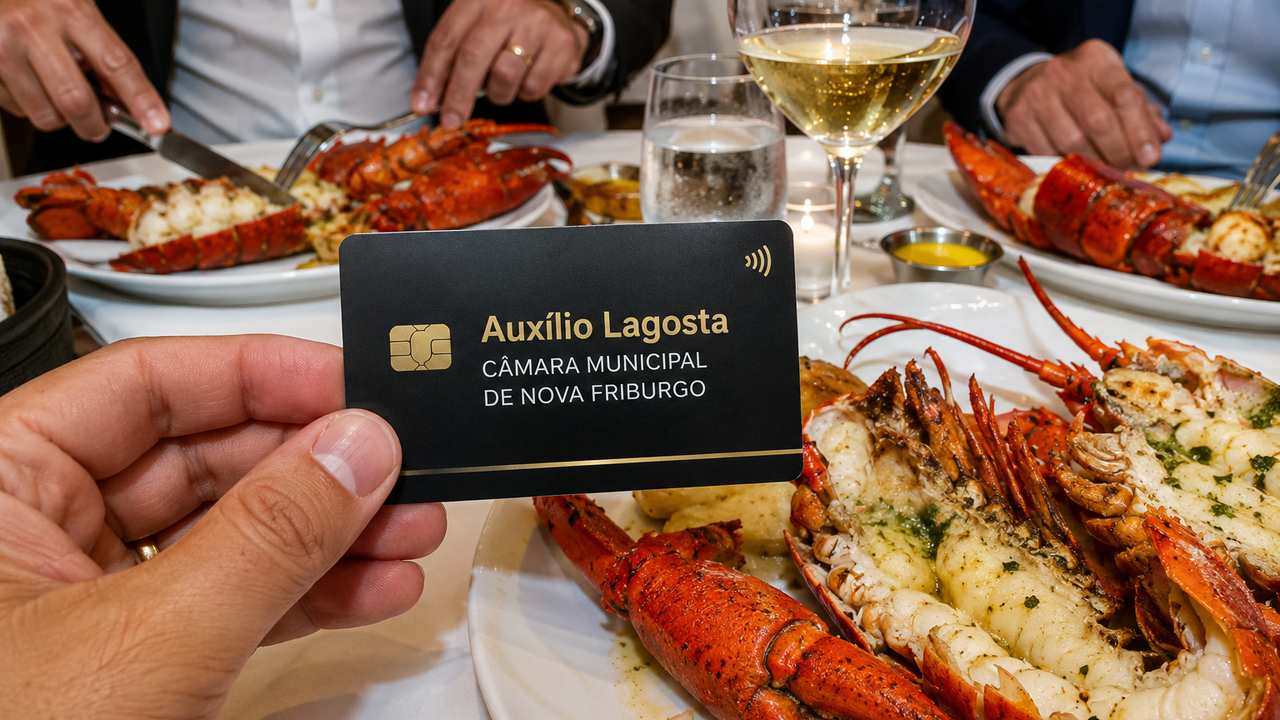 Cartão de crédito 'Auxílio Lagosta' com lagostas e refeição de luxo ao fundo.