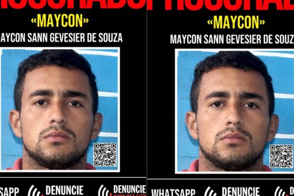 Cartaz de procurado: Maycon Sann Gevesier de Souza. Suspeito foragido por tentativa de homicídio.