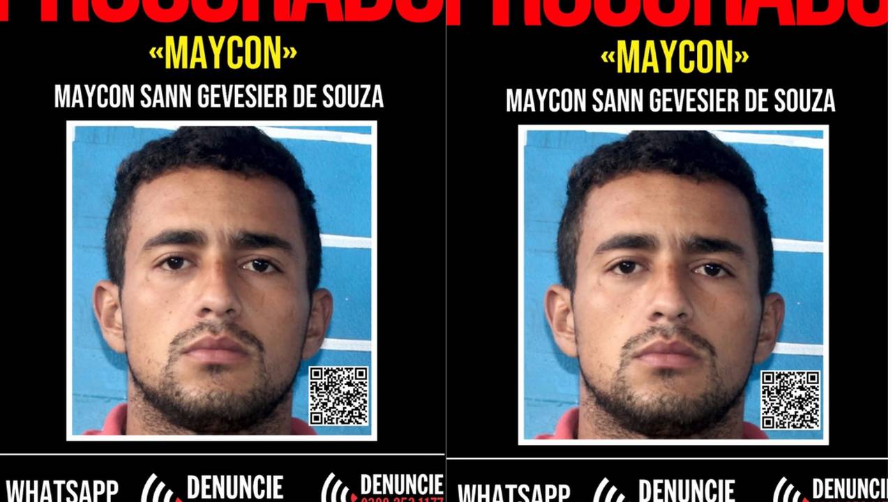 Cartaz de procurado: Maycon Sann Gevesier de Souza. Suspeito foragido por tentativa de homicídio.