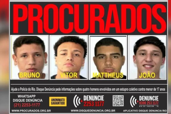 Cartaz de procurados: Bruno, Vitor, Mattheus e João. Disque Denúncia no Rio de Janeiro.
