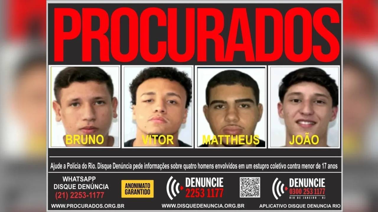 Cartaz de procurados: Bruno, Vitor, Mattheus e João. Disque Denúncia no Rio de Janeiro.