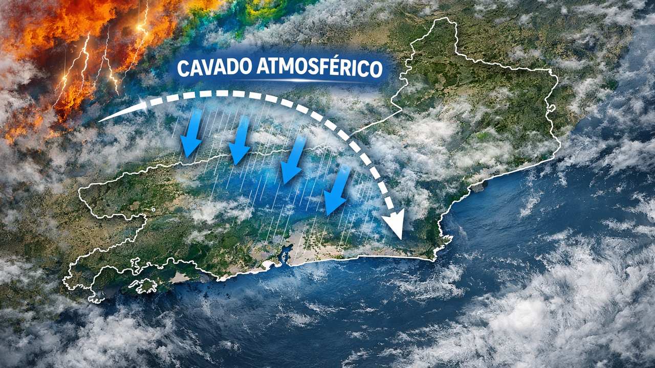 Cavado atmosférico sobre o Rio de Janeiro com previsão de chuva, 20 de março de 2026.