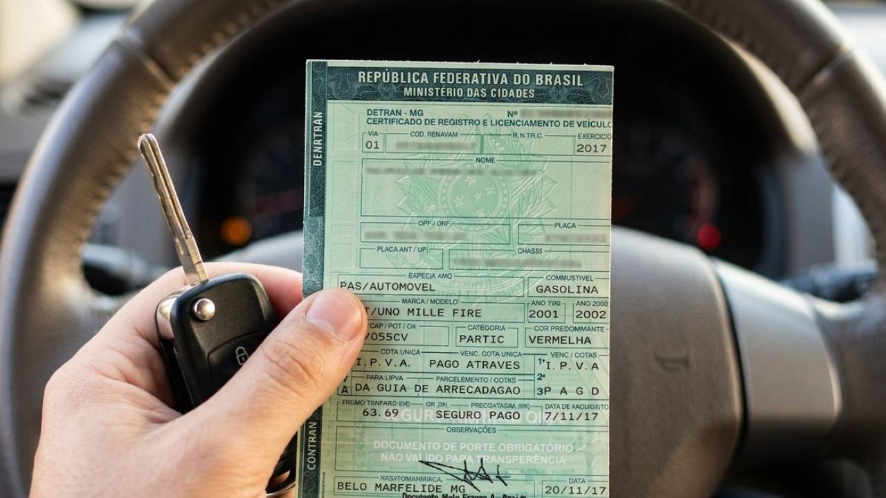 Certificado de Registro e Licenciamento de Veículo (CRLV) em mãos, com chave de carro.