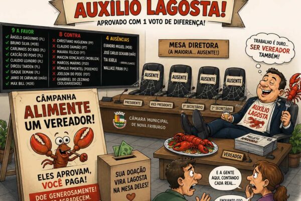 Charge política sobre aprovação de 'Auxílio Lagosta' para vereadores, mostrando corrupção e descontentamento popular.