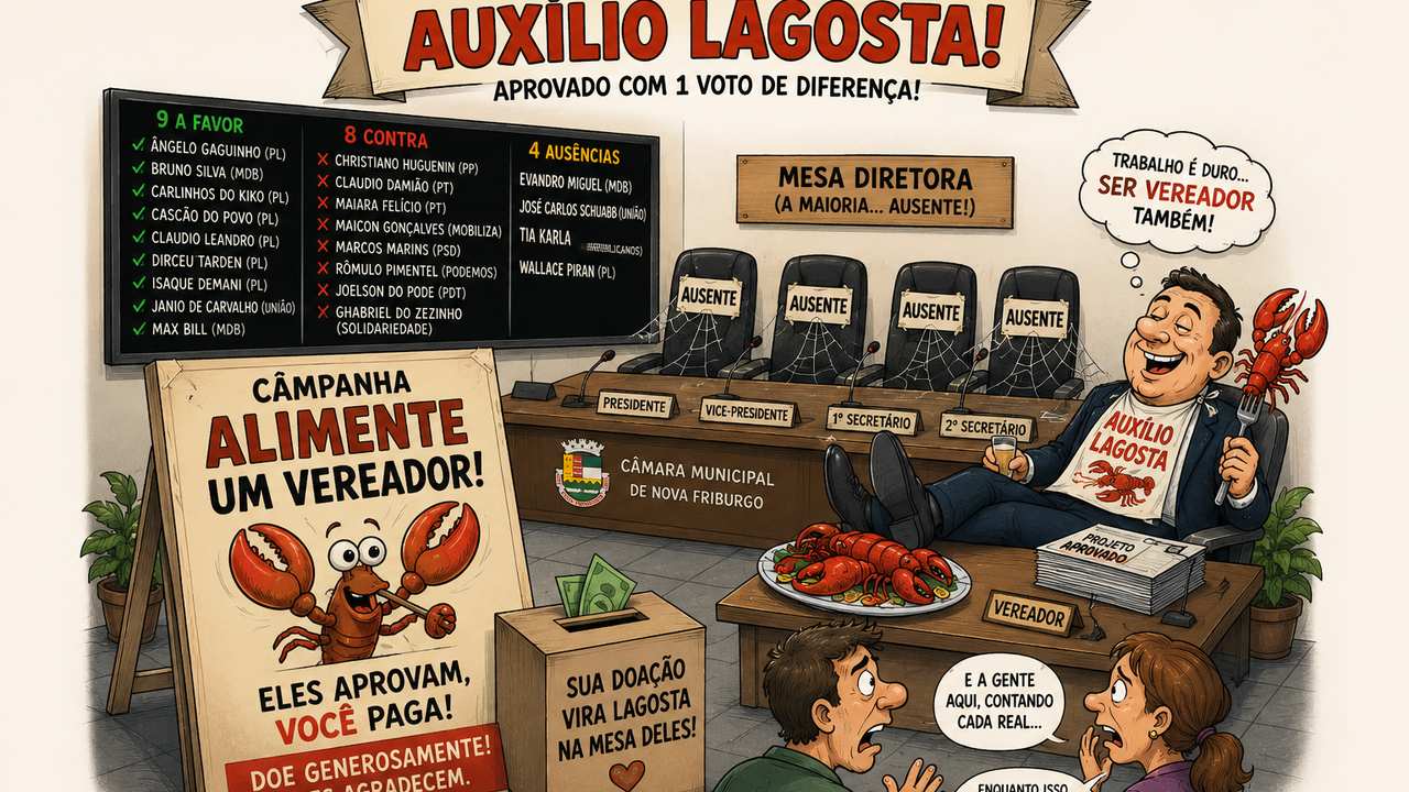 Charge política sobre aprovação de 'Auxílio Lagosta' para vereadores, mostrando corrupção e descontentamento popular.