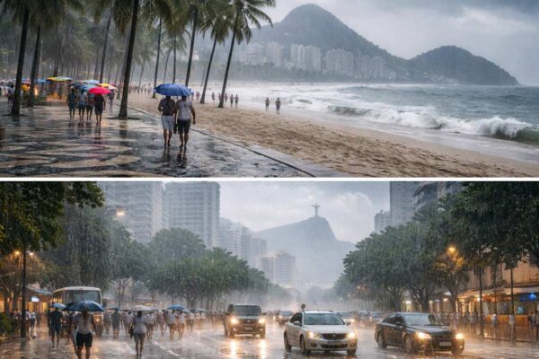 Chuva forte atinge Rio de Janeiro, com pessoas com guarda-chuvas e ruas alagadas.
