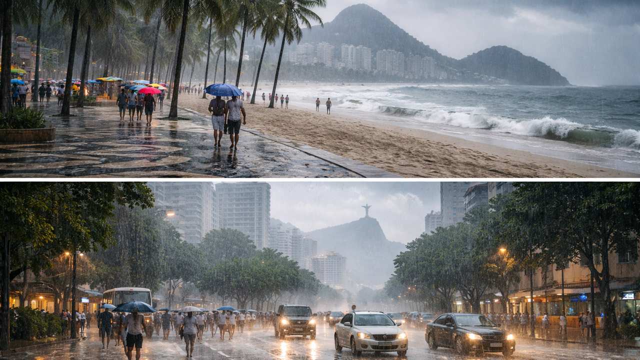 Chuva forte atinge Rio de Janeiro, com pessoas com guarda-chuvas e ruas alagadas.