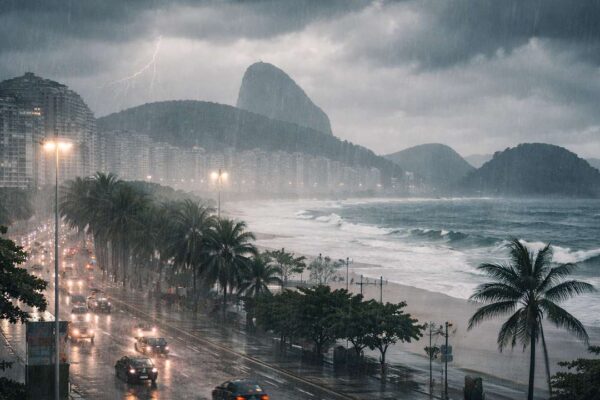 Chuva intensa atinge a orla do Rio de Janeiro, com prédios e mar ao fundo.