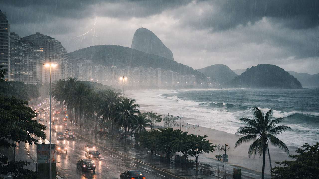 Chuva intensa atinge a orla do Rio de Janeiro, com prédios e mar ao fundo.