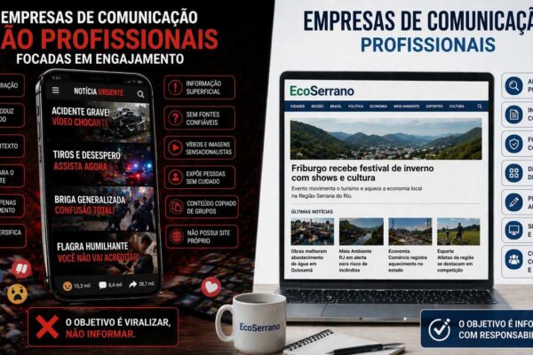 Comparativo entre empresas de comunicação não profissionais e profissionais: foco em engajamento vs. informação com responsabilidade.