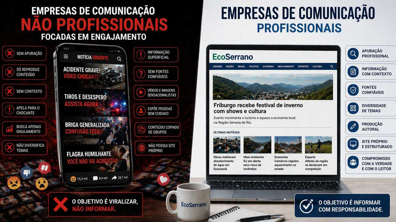 Comparativo entre empresas de comunicação não profissionais e profissionais: foco em engajamento vs. informação com responsabilidade.