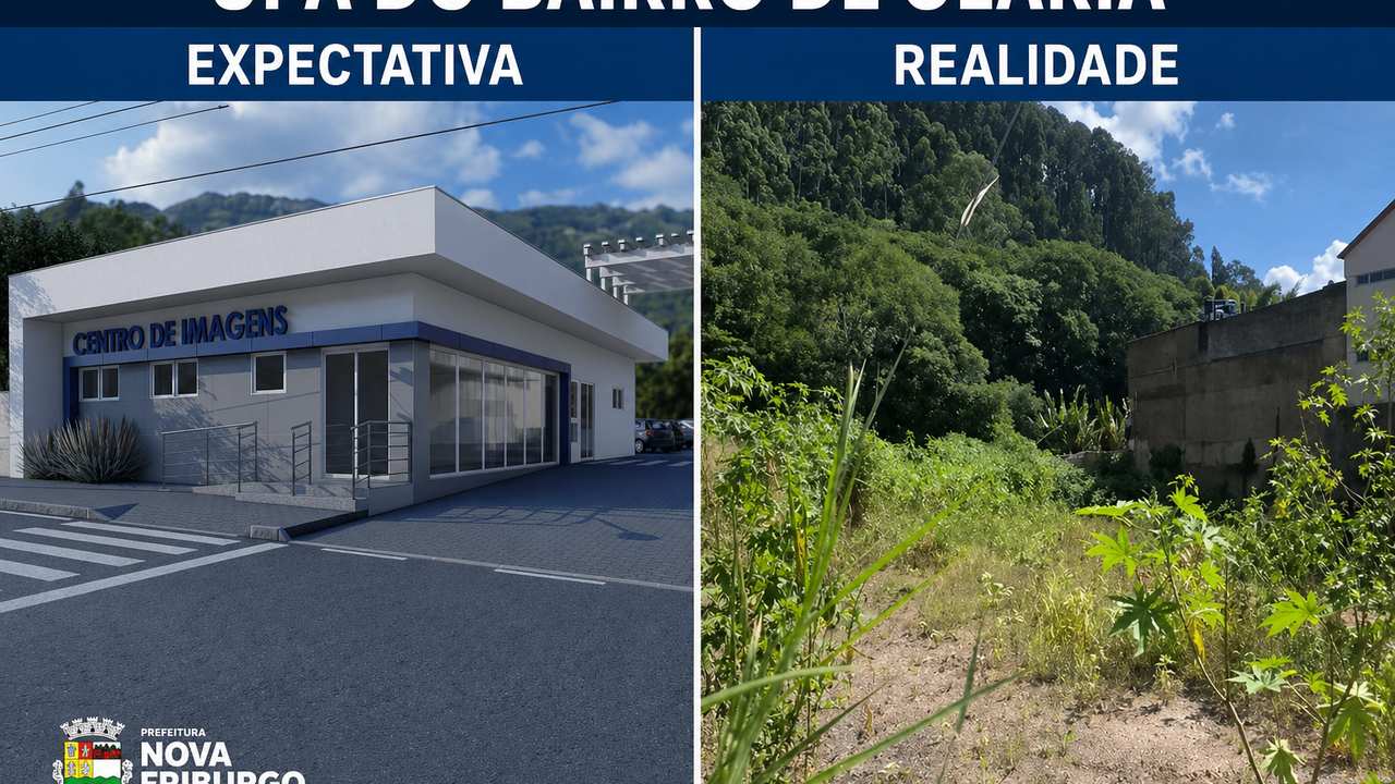 Comparativo: Expectativa vs Realidade da UPA de Olaria, Nova Friburgo. Imagem de projeto versus terreno.
