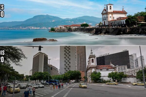 Comparativo Rio de Janeiro: 1890 (praia) vs 2020 (urbanização). Transformação urbana e ambiental.