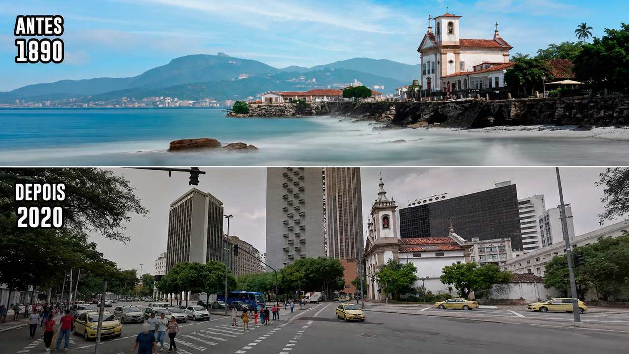 Comparativo Rio de Janeiro: 1890 (praia) vs 2020 (urbanização). Transformação urbana e ambiental.