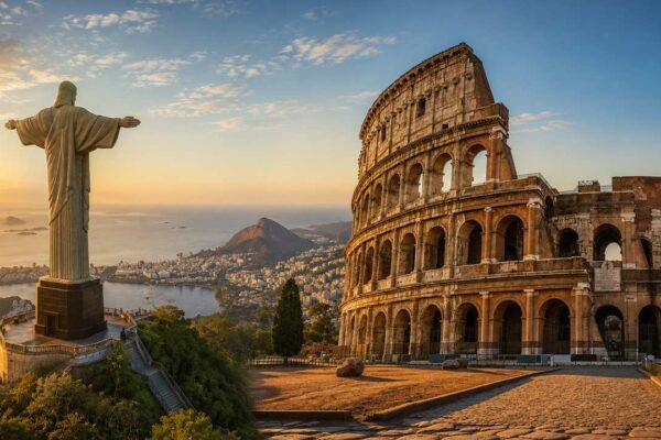 Cristo Redentor no Rio de Janeiro e Coliseu em Roma, monumentos irmãos