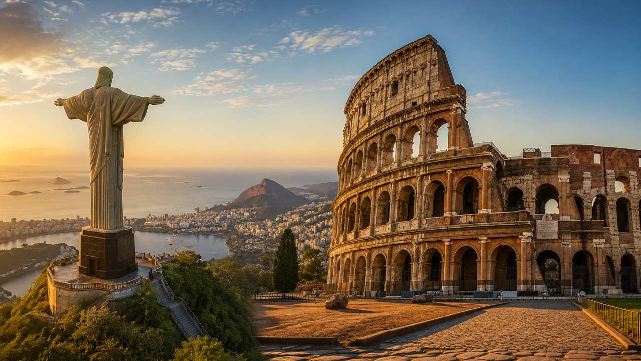 Cristo Redentor no Rio de Janeiro e Coliseu em Roma, monumentos irmãos