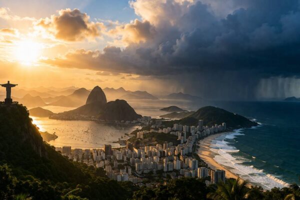 Cristo Redentor sobre o Rio de Janeiro com céu nublado e chuva