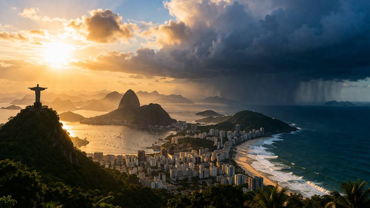 Cristo Redentor sobre o Rio de Janeiro com céu nublado e chuva