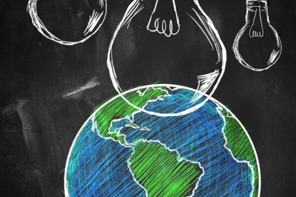 Desenho de planeta Terra com lâmpadas, simbolizando ideias e sustentabilidade em evento de Nova Friburgo.