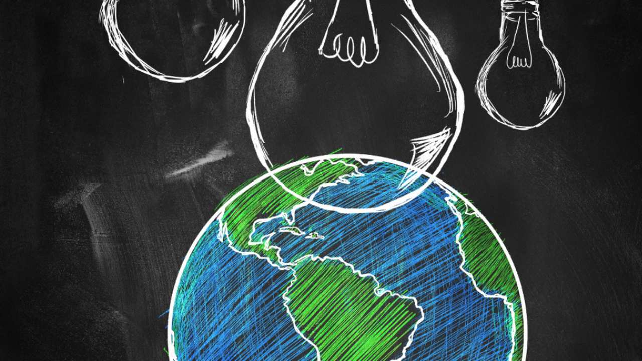 Desenho de planeta Terra com lâmpadas, simbolizando ideias e sustentabilidade em evento de Nova Friburgo.