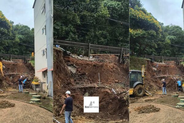 Deslizamento de terra em Nova Friburgo exige interdição e reparos. Veículos e máquinas na cena.
