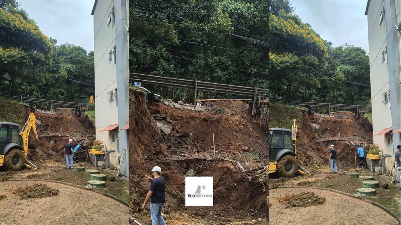 Deslizamento de terra em Nova Friburgo exige interdição e reparos. Veículos e máquinas na cena.
