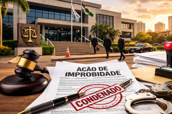 Documentos e objetos relacionados a julgamento: martelo, algemas e carimbo 'Condenado'.