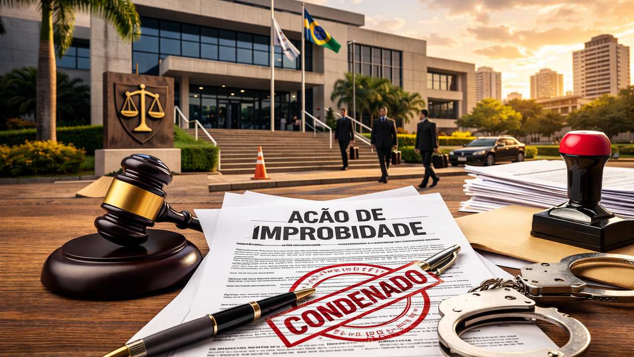 Documentos e objetos relacionados a julgamento: martelo, algemas e carimbo 'Condenado'.