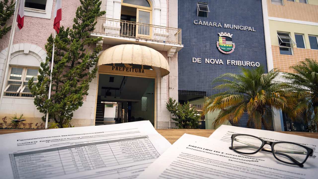 Documentos e óculos sobrepostos a prédios em Nova Friburgo, RJ.