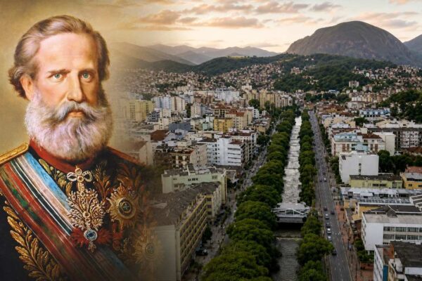 Dom Pedro II e vista de Nova Friburgo, cidade com importância histórica no Segundo Reinado.