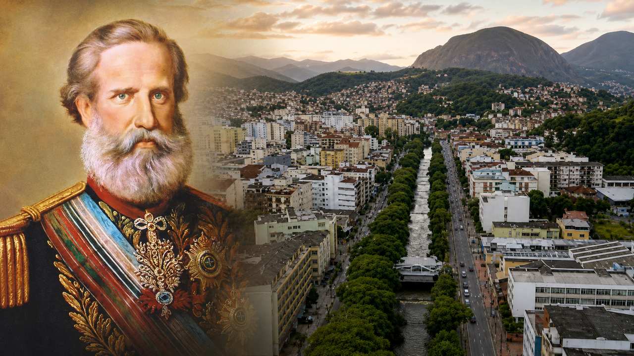 Dom Pedro II e vista de Nova Friburgo, cidade com importância histórica no Segundo Reinado.