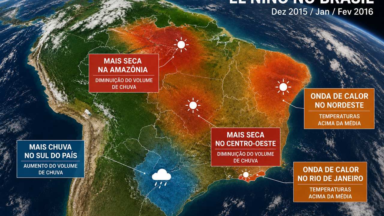 El Niño no Brasil: Mapa de efeitos climáticos em Dez 2015 / Jan / Fev 2016.