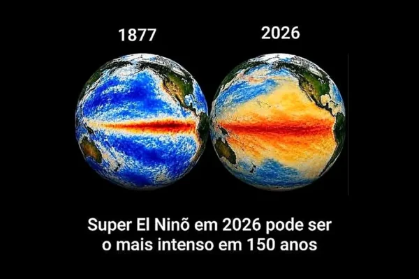 Comparação visual do aquecimento do Oceano Pacífico entre 1877 e 2026, com destaque para possível Super El Niño.