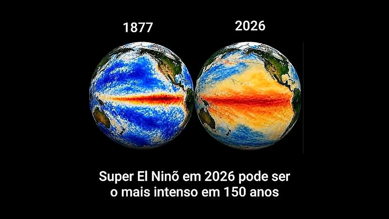 Comparação visual do aquecimento do Oceano Pacífico entre 1877 e 2026, com destaque para possível Super El Niño.