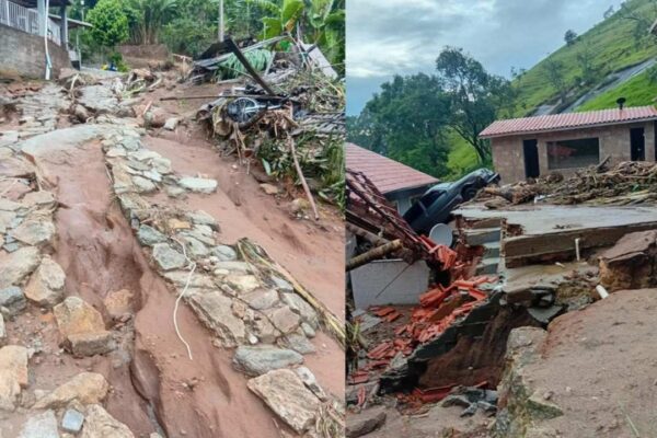 Enchentes em Bom Jardim: destruição em áreas urbanas, encostas desabando, e carro sobre telhado.