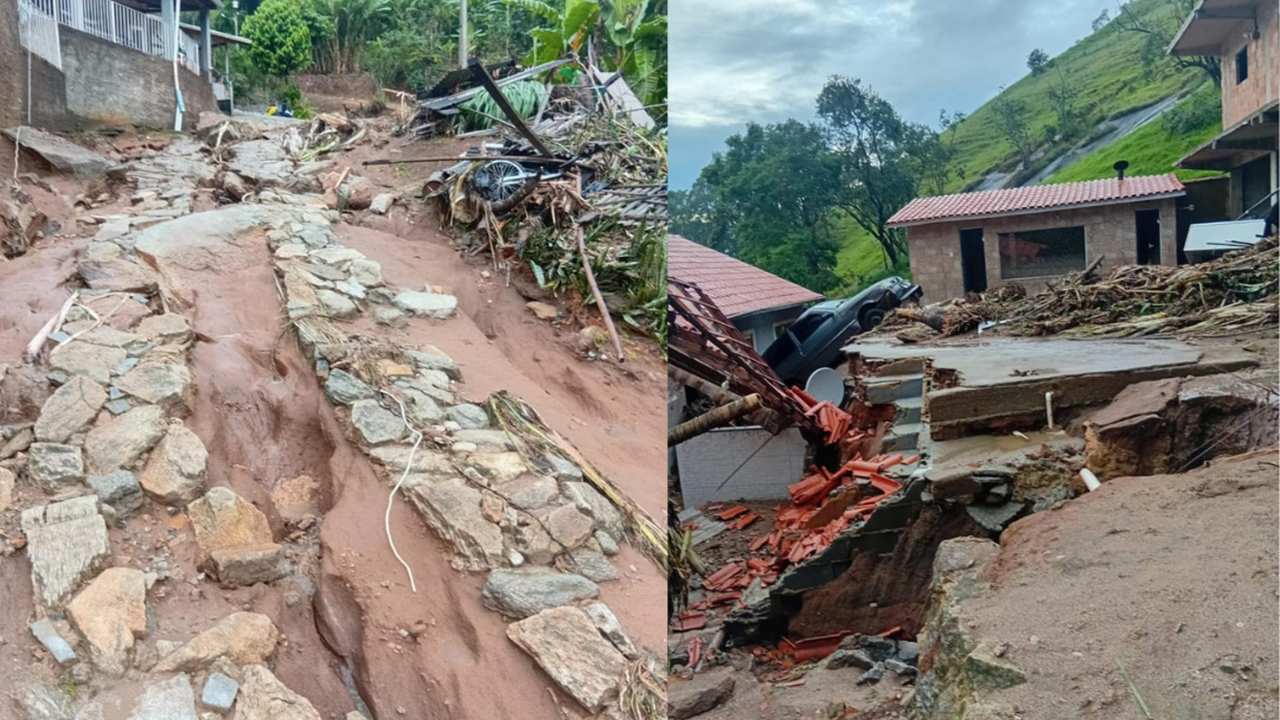 Enchentes em Bom Jardim: destruição em áreas urbanas, encostas desabando, e carro sobre telhado.