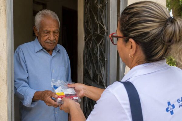 Enfermeira entrega medicamentos a idoso em ação de saúde domiciliar.