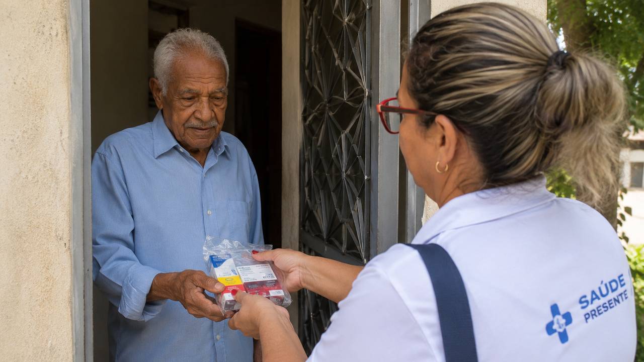 Enfermeira entrega medicamentos a idoso em ação de saúde domiciliar.