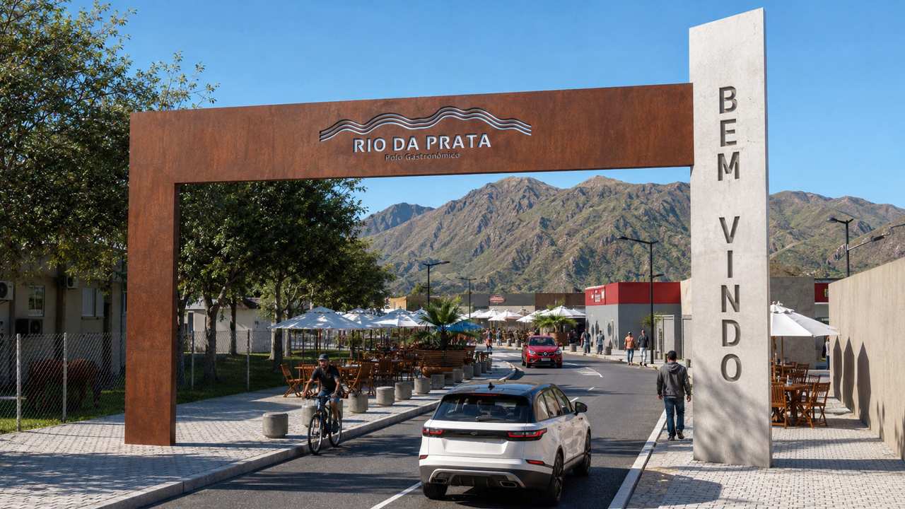 Projeto de revitalização do Polo Gastronômico do Rio da Prata, em Campo Grande, com novo pórtico, calçadas, áreas de convivência e restaurantes.
