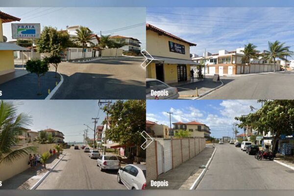 Ruas do bairro Peró, em Cabo Frio, aparecem em comparação histórica que indica redução de árvores e áreas ajardinadas.