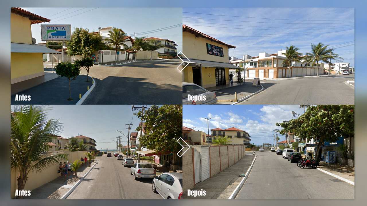 Ruas do bairro Peró, em Cabo Frio, aparecem em comparação histórica que indica redução de árvores e áreas ajardinadas.