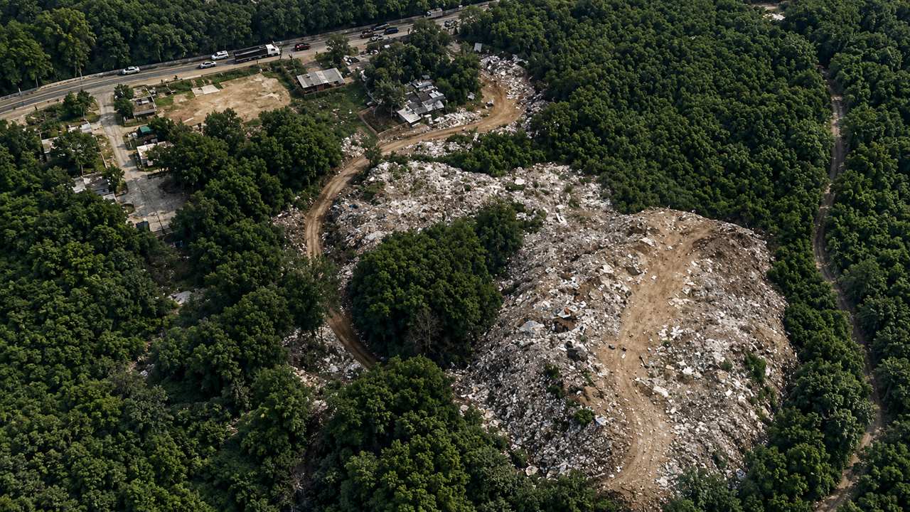 Área com grande quantidade de lixo e entulho descartados irregularmente em terreno de Jacarepaguá, no Rio de Janeiro.