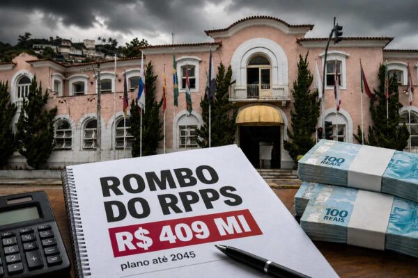 Documento do plano de amortização do RPPS de Nova Friburgo ao lado de calculadora e projeções financeiras até 2045.