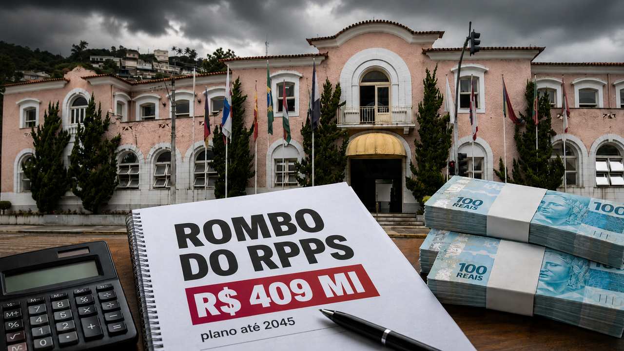 Documento do plano de amortização do RPPS de Nova Friburgo ao lado de calculadora e projeções financeiras até 2045.