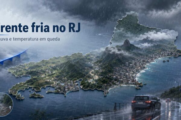 Mapa do Estado do Rio de Janeiro coberto por nuvens e chuva, representando a passagem de uma frente fria entre quinta-feira e domingo.