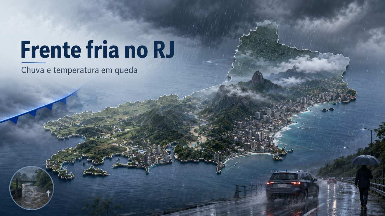 Mapa do Estado do Rio de Janeiro coberto por nuvens e chuva, representando a passagem de uma frente fria entre quinta-feira e domingo.