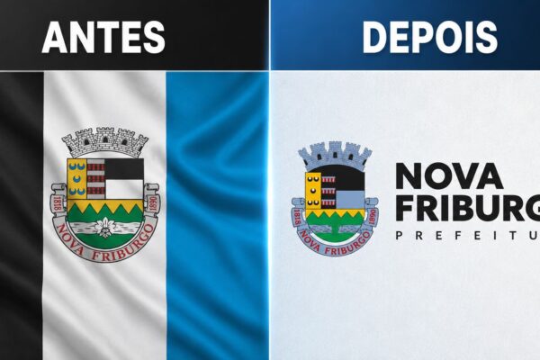 Comparação entre o brasão historicamente conhecido de Nova Friburgo, a versão adotada pela Prefeitura e documentos do processo de mudança.